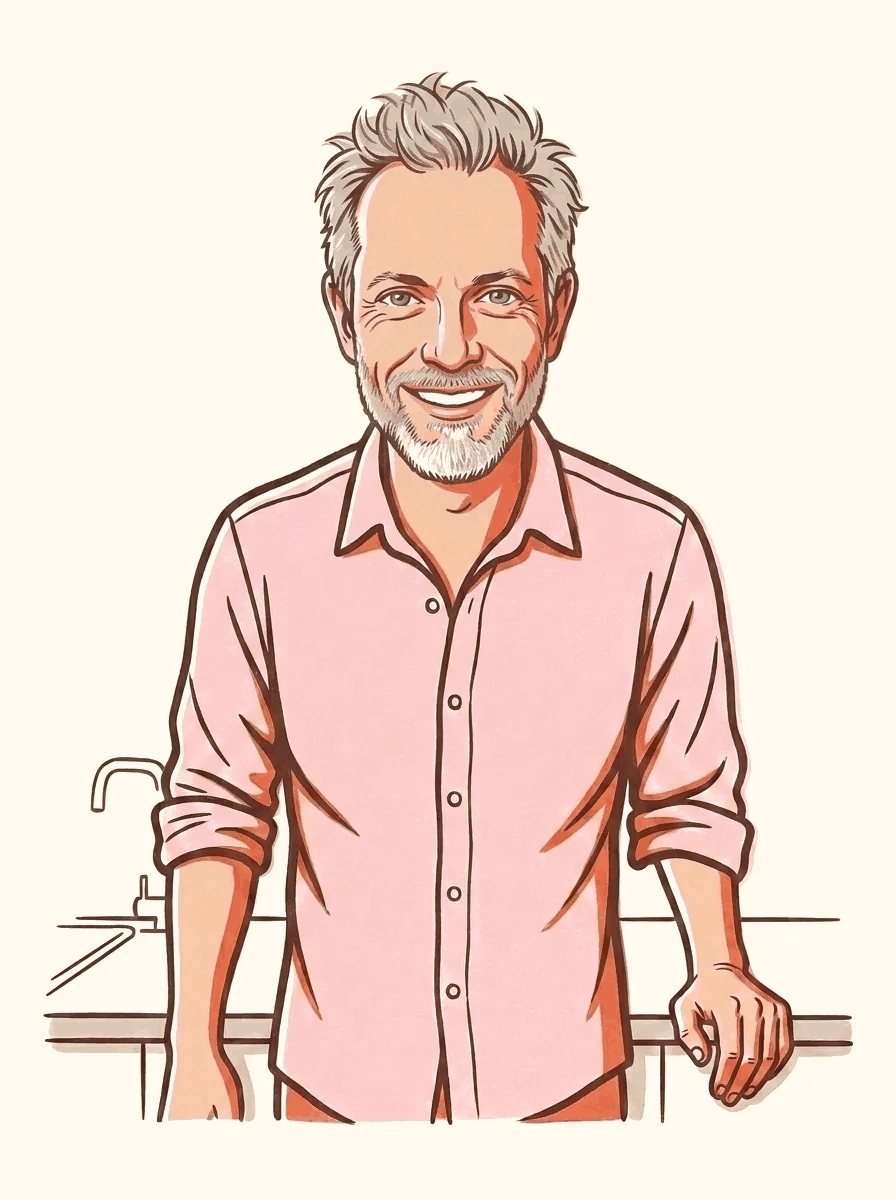 Hand-drawn cartoon of Michael smiling in a pink shirt, leaning on his kitchen counter