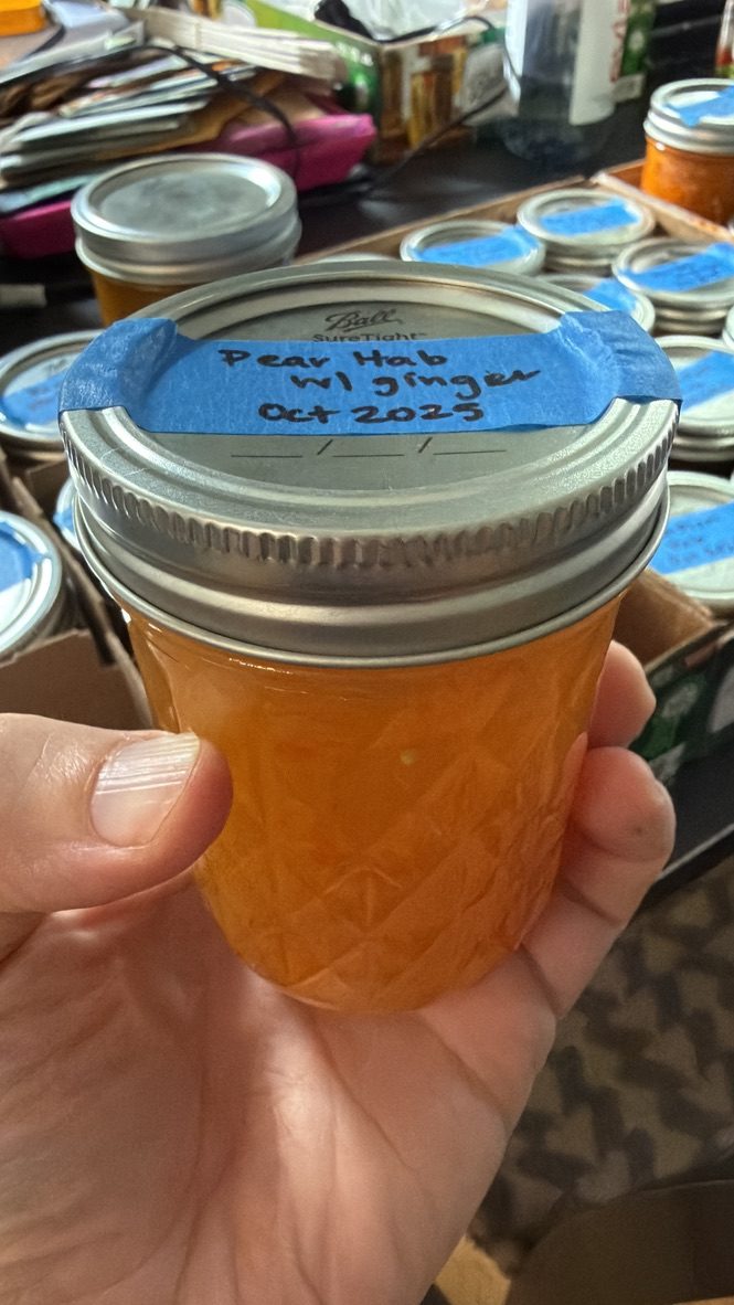 A hand holding a jar labeled Pear Hab w/ ginger