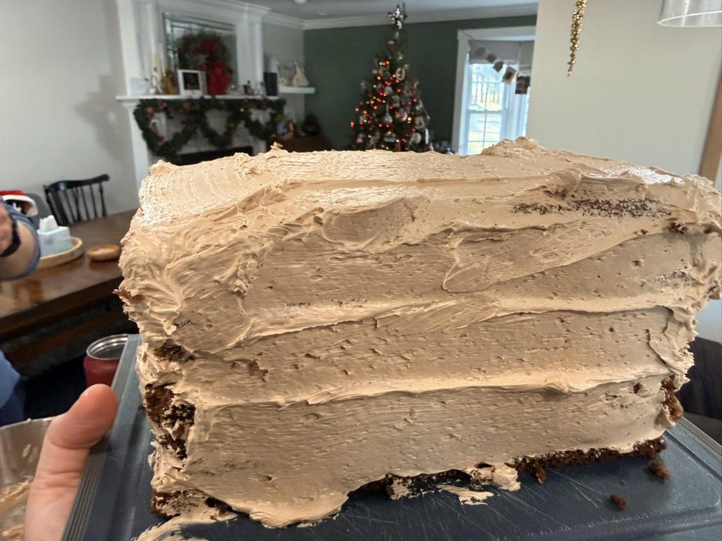 The frosted block, layers showing through the mocha coat