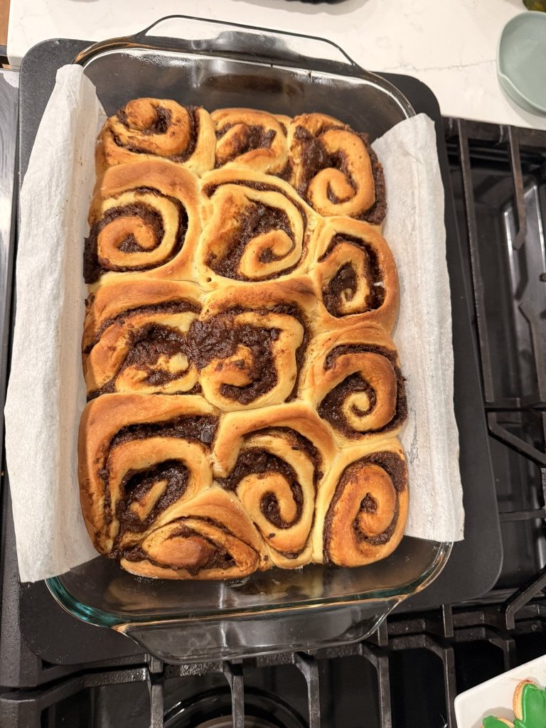 The buns baked golden and tight in the pan, just before the toffee soak