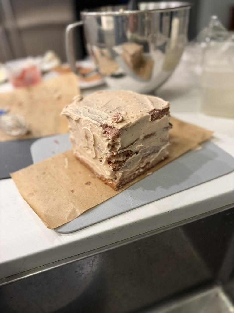 The crumb-coated block, showing how low the layers baked